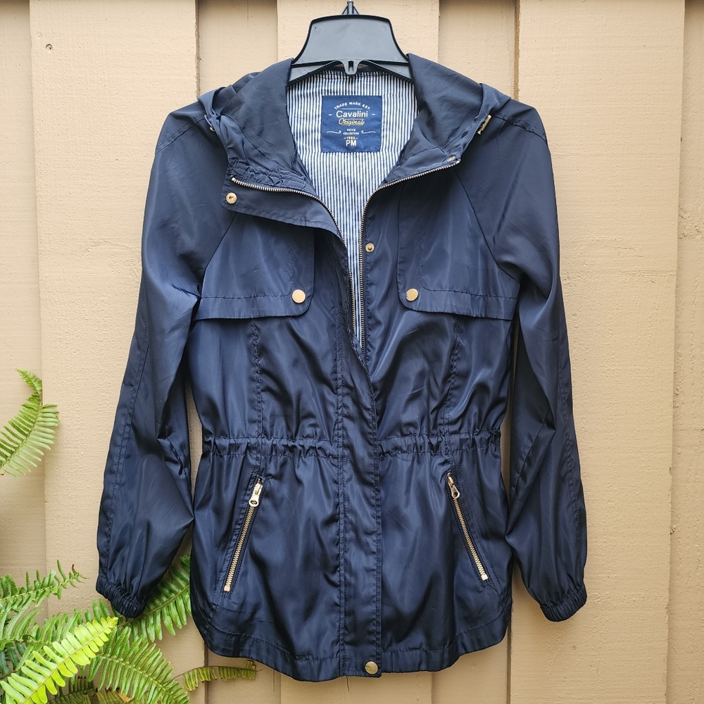 Cavalini Windbreaker Navy Women’s Petite Med Hooded Cinched Waist Jacket
